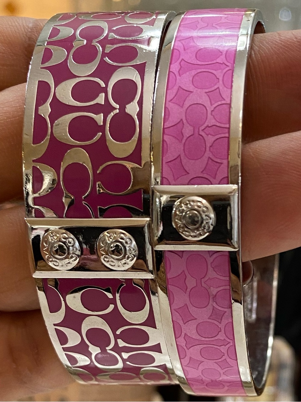 Coach Signature C Wide & Poppy Thin Silver Enamel Bangle Set, Magenta/Light Pink - Picture 8 of 8